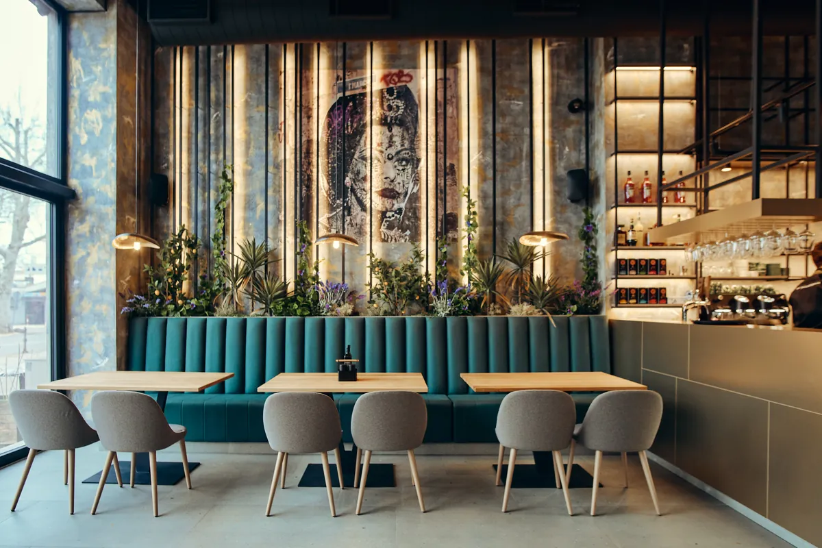 Široka notranjost: banjeti, mura, bar in ulična okna (stisnjena varianta).